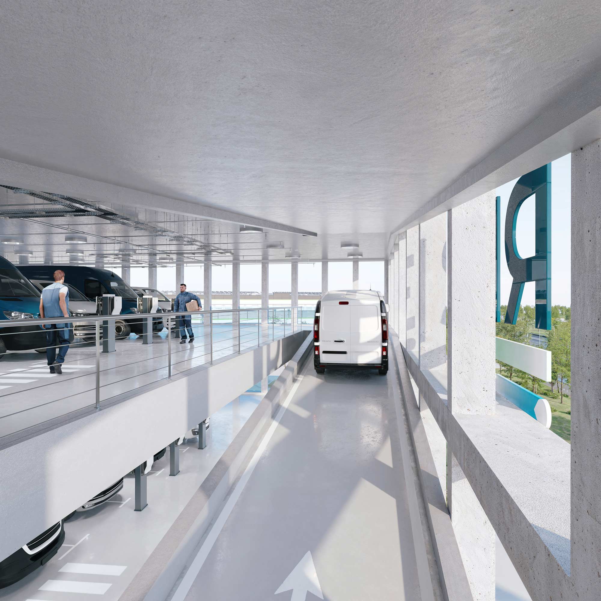 Parking logistique multiniveau RISE Garonor avec rampes de circulation pour utilitaires et poids lourds