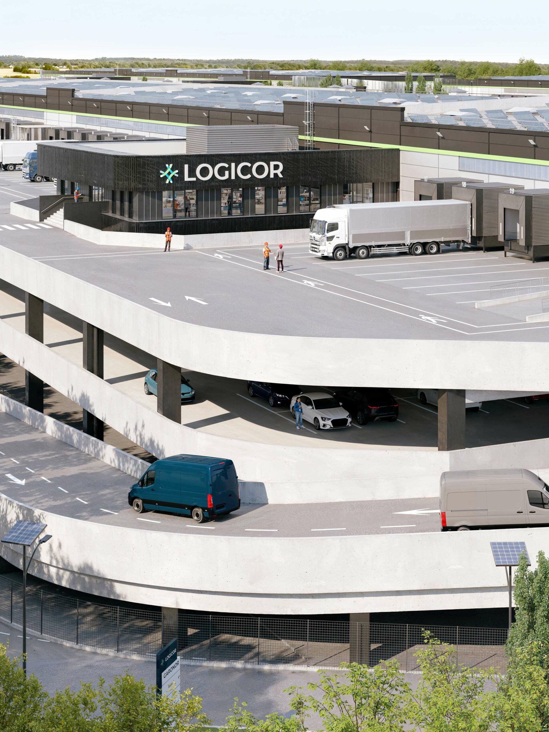 Parking logistique multiniveau RISE Garonor avec rampes hélicoïdales pour utilitaires et poids lourds