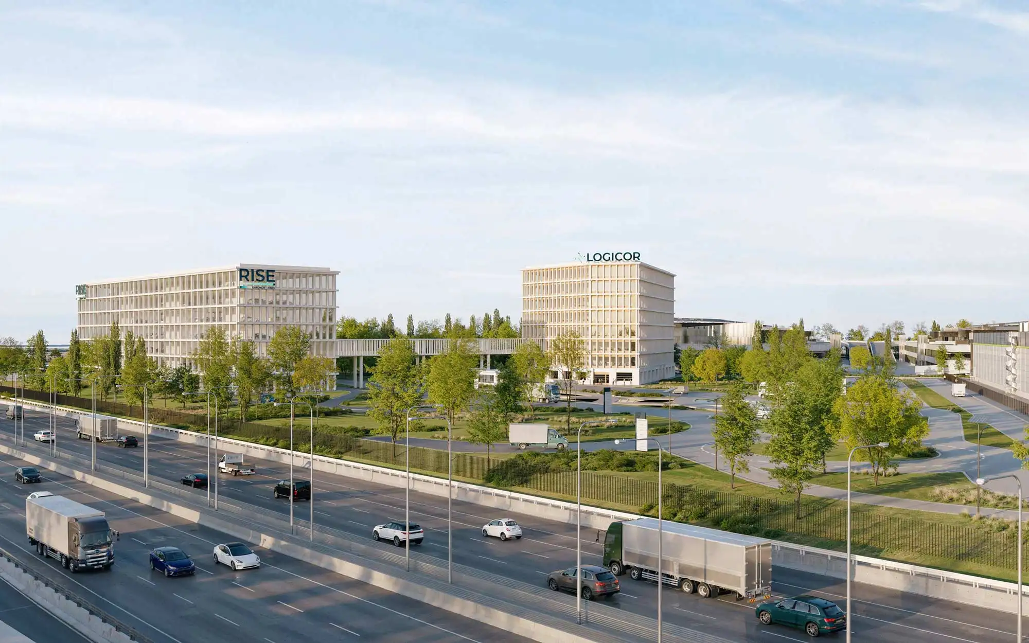 Vue aérienne du hub logistique RISE Garonor intégré au territoire du Grand Paris et aux grands axes routiers