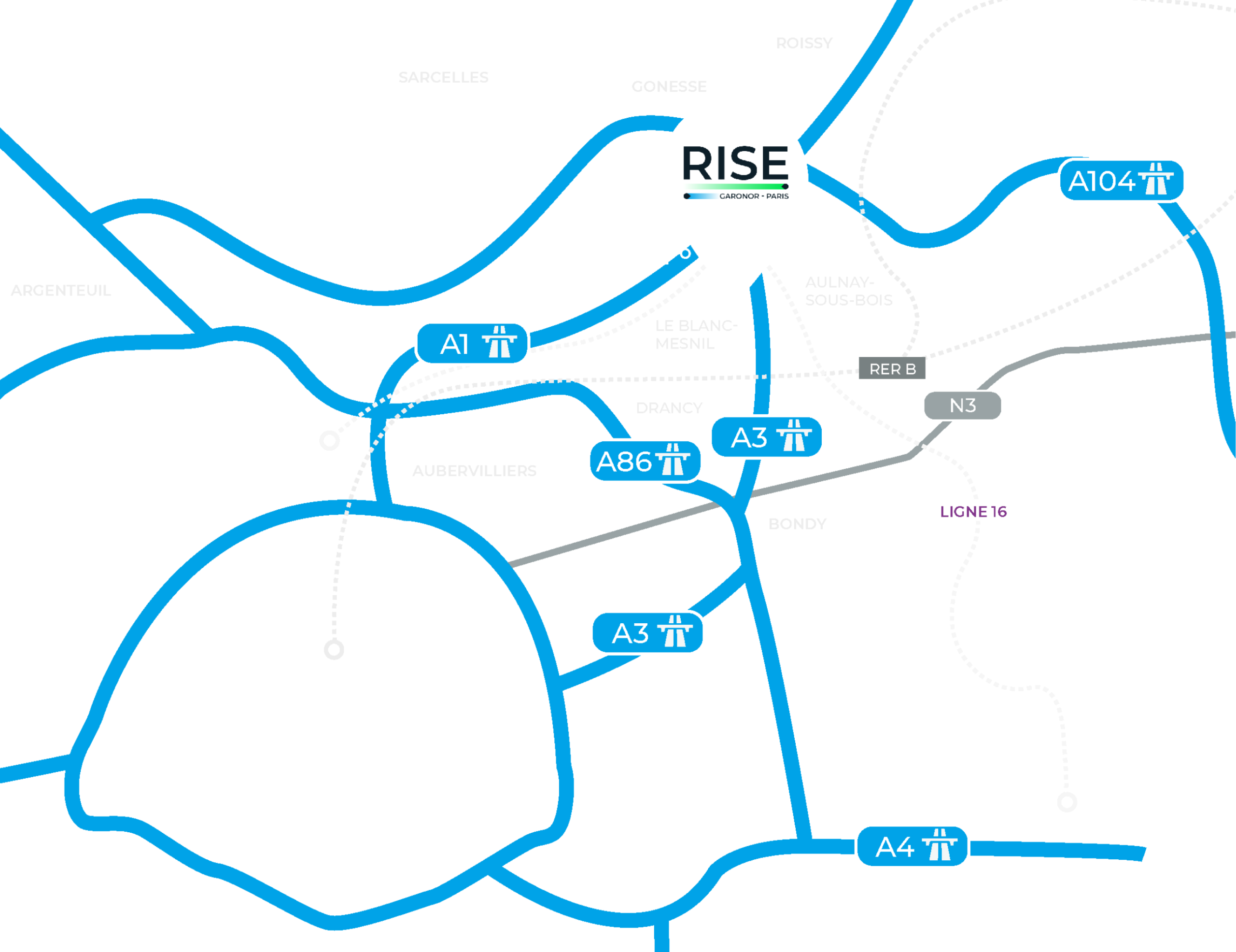 Carte de localisation du site RISE Garonor au nord de Paris, à proximité des autoroutes A1, A3 et A86
