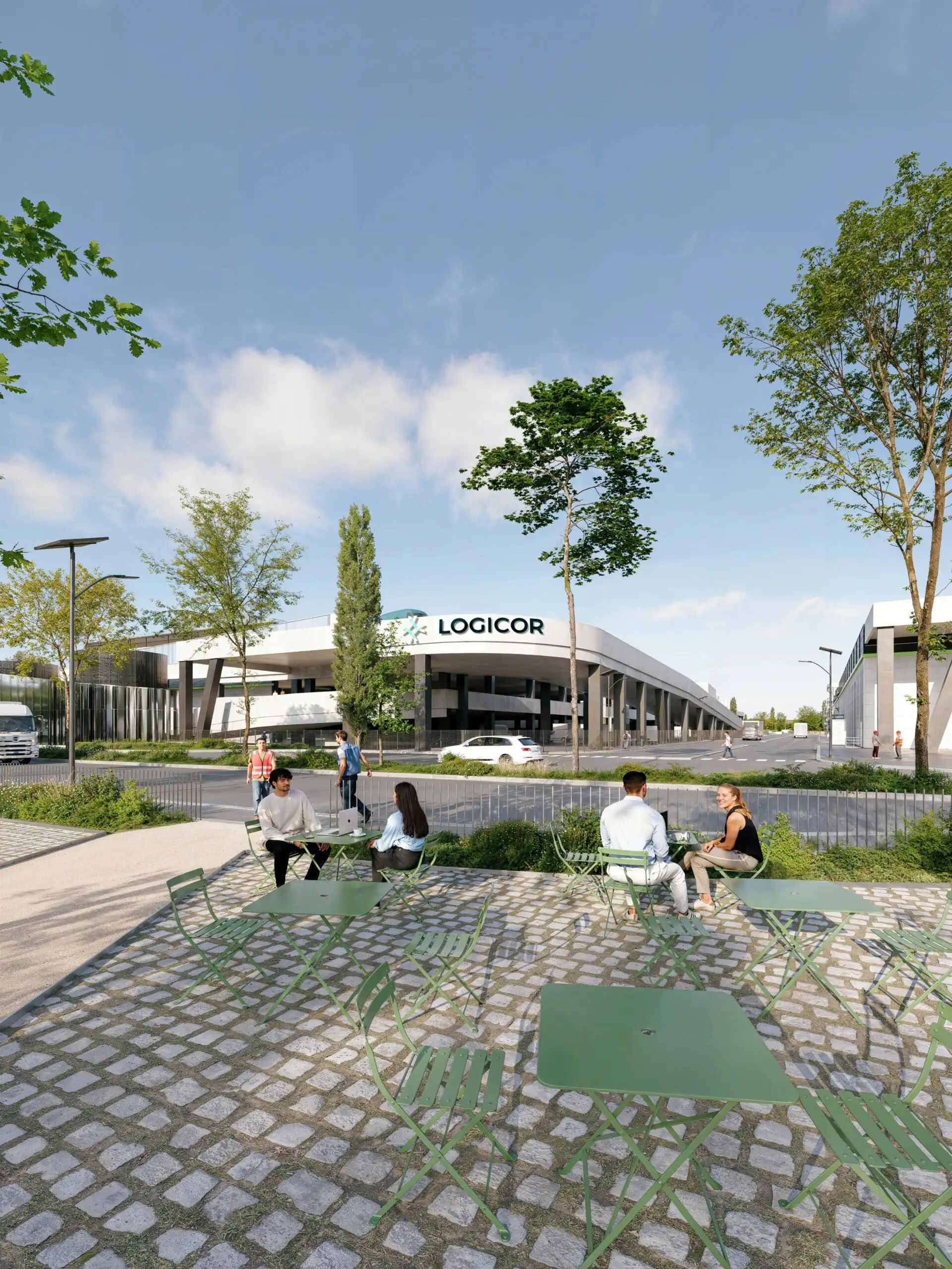 Espaces extérieurs paysagers de RISE Garonor avec terrasses et lieux de vie au pied du hub logistique